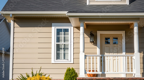 Dream House Exterior: Beige Siding, White Porch, and Classic Design photo