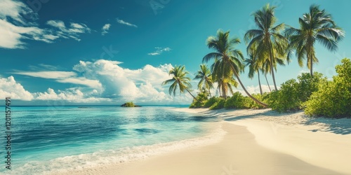 Tropical island beach scene featuring coconut palms, soft sandy shore, and crystal-clear turquoise water under a bright blue sky with clouds.