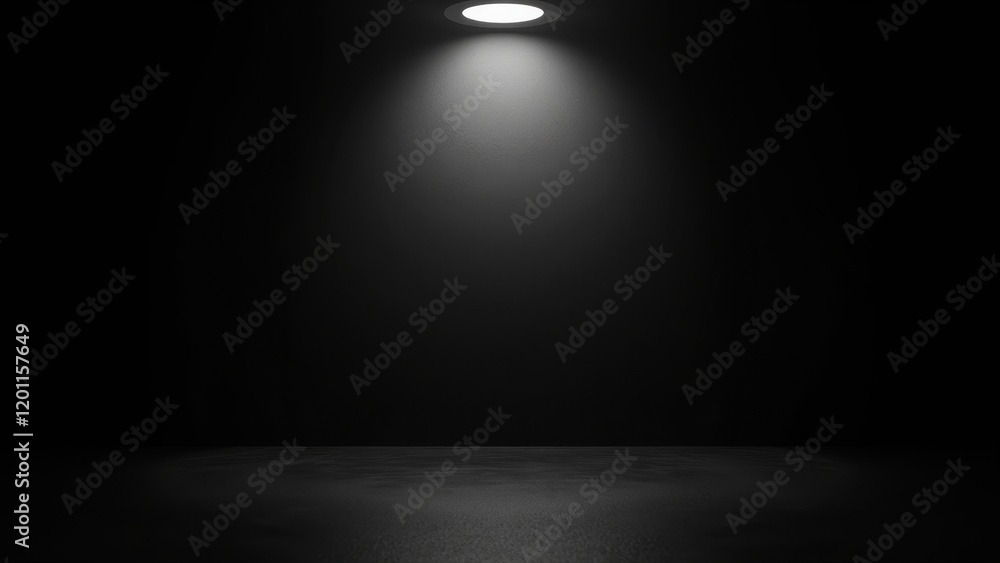 A sleek spotlight perched on a matte black wall beams down, casting dramatic shadows onto the polished floor below, while an elegant circular fixture crowns the scene overhead A sleek spotlight perched on a matte black wall beams down, casting dramatic shadows onto the polished floor below, while an elegant circular fixture crowns the scene overhead