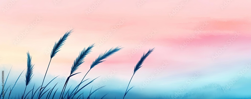 Obraz premium Cloudy watercolor idea. A serene landscape featuring tall grass silhouetted against a colorful sunset sky.