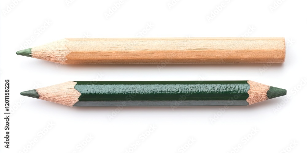 Obraz premium Green sharpened pencil above a dull wooden pencil on a white background showcasing contrast in color and texture for artistic representation.
