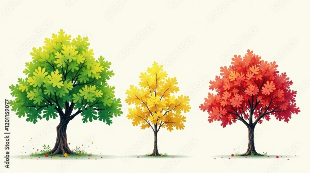 Obraz premium A Trio of Trees Showcasing Seasonal Foliage Changes Through Spring, Summer, and Autumn