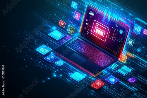 Futuristic Laptop with Neon Icons and Data Streams