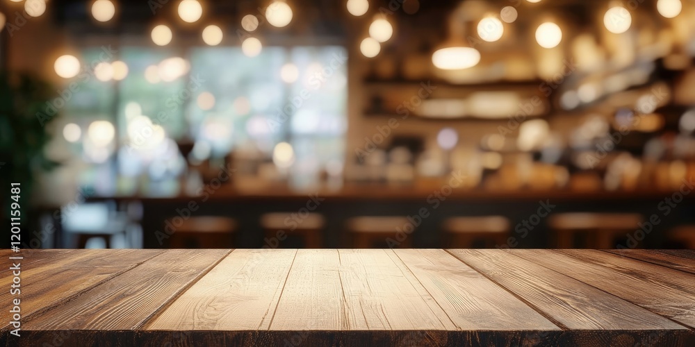 Empty brown wooden table in the foreground with blurred bokeh coffee shop background featuring warm lights and a soft focus ambiance. Empty brown wooden table in the foreground with blurred bokeh coffee shop background featuring warm lights and a soft focus ambiance.