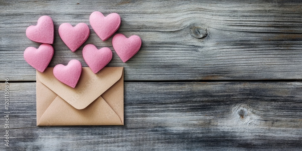Fototapeta premium Pink hearts scattered around a brown envelope on a rustic wooden surface with ample copy space for Valentine's Day themed designs.