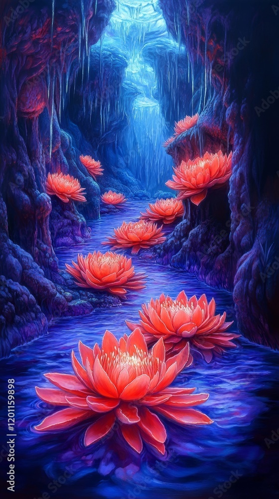 Bioluminescent Crimson Flowers Illuminate a Subterranean Grotto Bioluminescent Crimson Flowers Illuminate a Subterranean Grotto