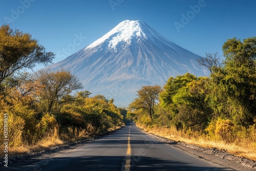 Mountain landscape with winding road and autumn trees photo