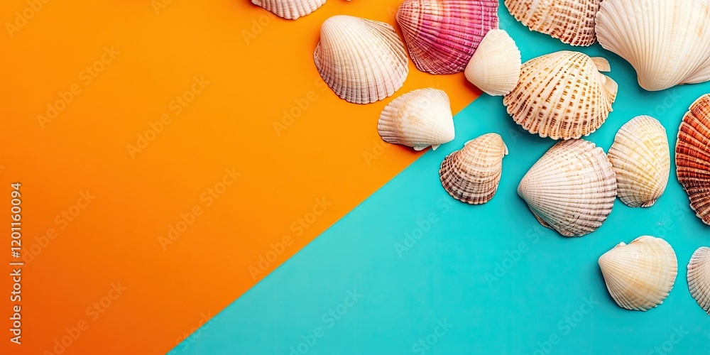 Seashells scattered on a vibrant orange and turquoise background creating a mockup with space for text in the top left section. Seashells scattered on a vibrant orange and turquoise background creating a mockup with space for text in the top left section.
