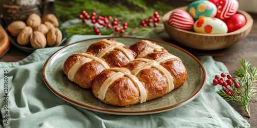 Wallpaper Mural Easter bread on a green plate with a rustic background featuring decorated eggs, nuts, and foliage, creating a warm festive atmosphere. Torontodigital.ca