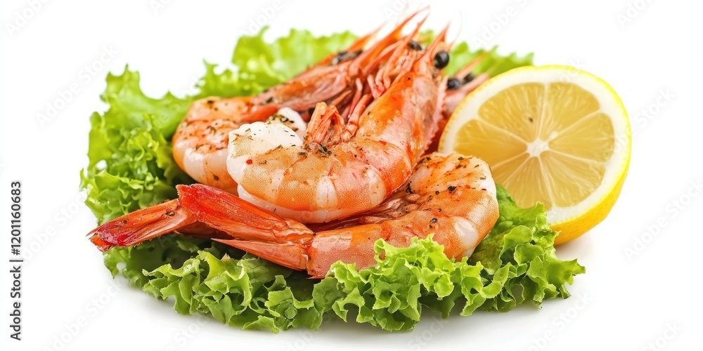 Boiled shrimp arranged on fresh green lettuce with lemon slices on a white background showcasing vibrant orange and green colors Boiled shrimp arranged on fresh green lettuce with lemon slices on a white background showcasing vibrant orange and green colors
