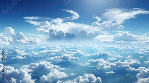 Fototapeta Naklejka Na Ścianę i Meble -  A breathtaking aerial view of a vast sky filled with fluffy white clouds and blue sky, some land can be seen at the bottom
