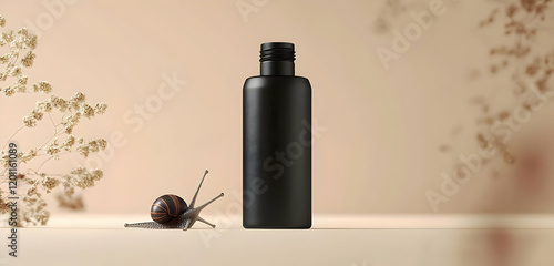 A black cosmetic bottle with a snail, ideal for organic skincare brands, set in a minimalist environment. photo