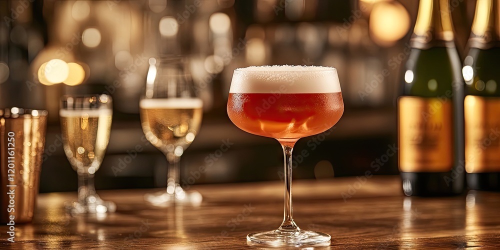 Elegant cocktail in a glass with white foam on a wooden table surrounded by blurred champagne bottles and glasses in soft golden lighting. Elegant cocktail in a glass with white foam on a wooden table surrounded by blurred champagne bottles and glasses in soft golden lighting.