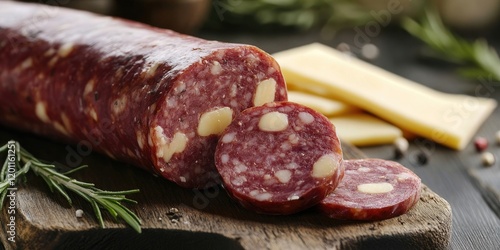 Sliced sausage with embedded cheese displayed on a dark wooden board with rosemary and cheese slices in the background and ample copy space. photo