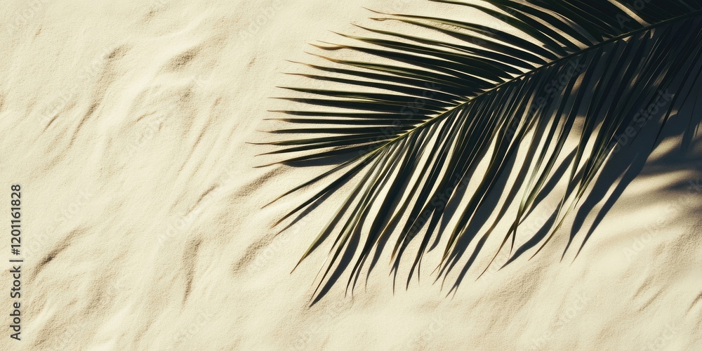 Obraz premium Palm leaf shadow cast on sandy textured background with gentle curves in cream and beige colors providing ample space for text placement