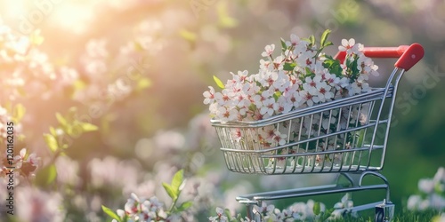 Shopping cart filled with white blossoming flowers on green grass with soft sunlight background creating a fresh and vibrant spring vibe photo