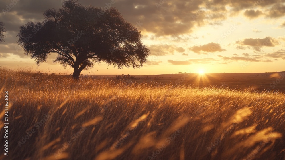 Obraz premium Sunset over golden grass field with lone tree.