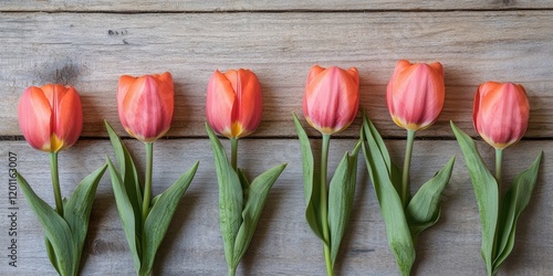 Seven vibrant orange tulips in a straight line on a rustic wooden background with leafy green stems creating a harmonious natural arrangement photo