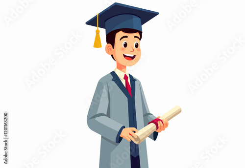 Graduation Success Illustration: Flat Design Young Man with Diploma, Isolated on White Background. Vector Character with Blue Cap, Red Tie, Simple Shapes and Minimal Details. Ideal for Educational Pro