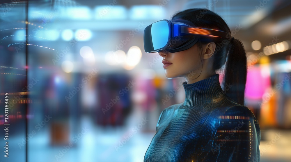 Female wearing smart virtual reality headset explores a immersive and futuristic digital world Female wearing smart virtual reality headset explores a immersive and futuristic digital world