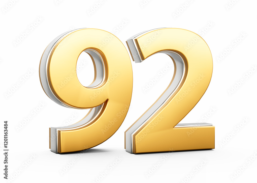 3D Golden Shiny Number 92 Ninety Two With Silver Outline On White Background 3D Illustration 3D Golden Shiny Number 92 Ninety Two With Silver Outline On White Background 3D Illustration