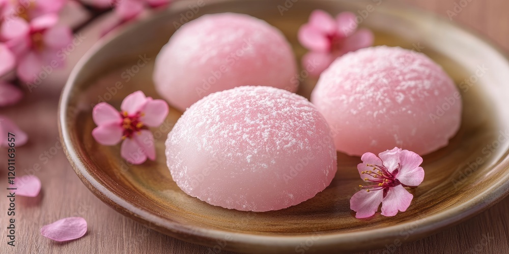 Delicate pink sakura mochi mochi dessert displayed on a round wooden plate surrounded by cherry blossom petals on a soft wood background Delicate pink sakura mochi mochi dessert displayed on a round wooden plate surrounded by cherry blossom petals on a soft wood background