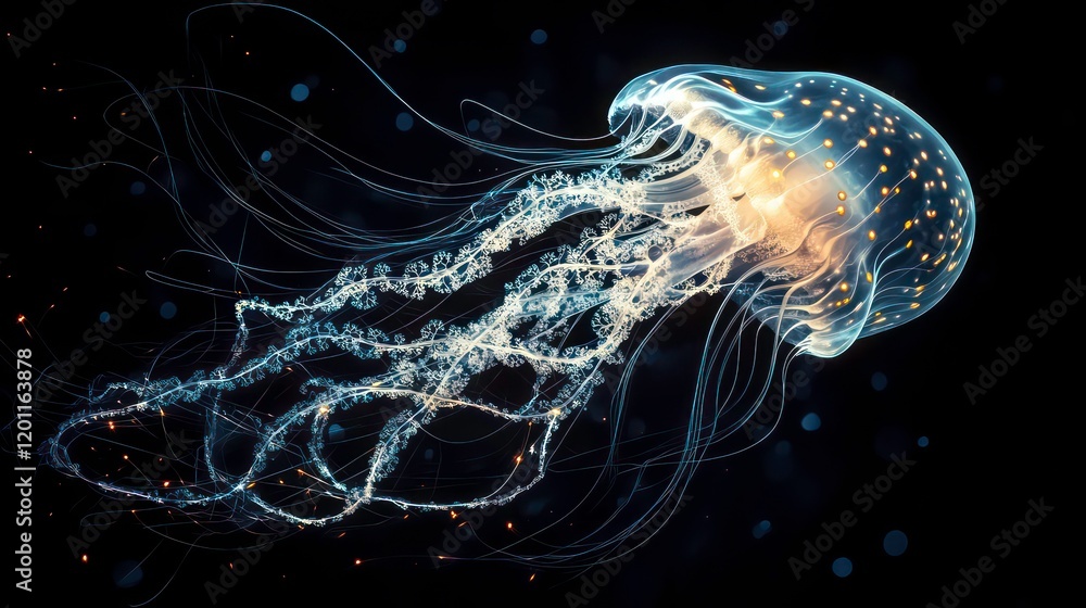 Fototapeta premium Illuminated jellyfish gracefully floats in dark water, glowing tentacles trailing.