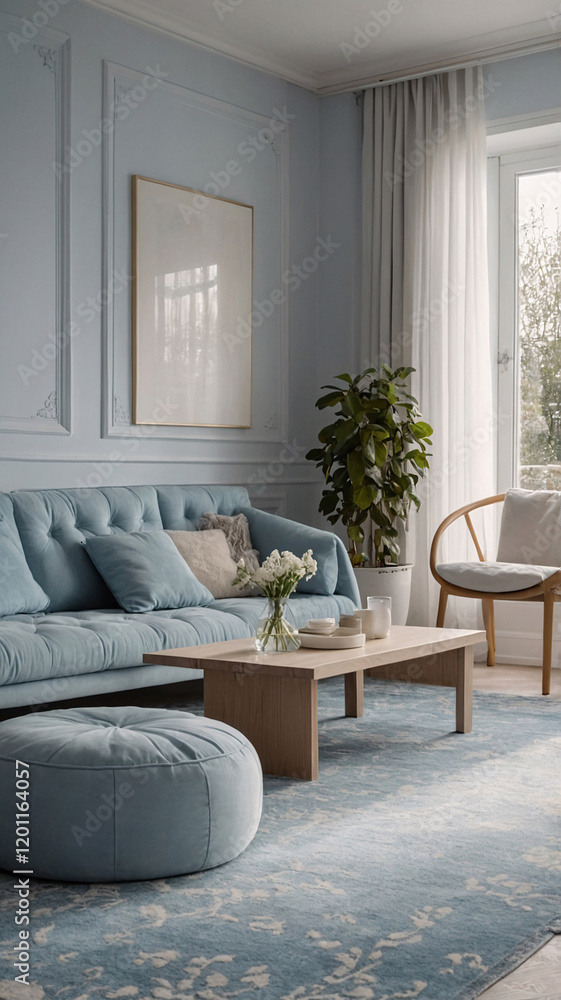Fototapeta premium Peaceful Pastel Blue Scandinavian Living Room Featuring Fluffy Couch Sofa and Soft Aesthetic Interior Design Inspiration