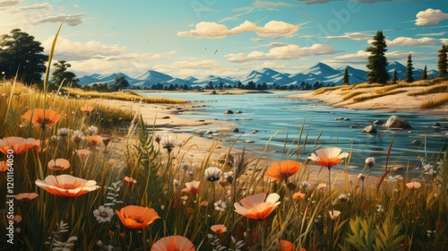Vibrant landscape painting featuring a serene river, mountains, flowers, and trees under a cloudy sky