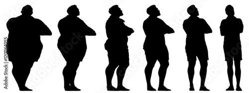 Conceptual fat overweight obese man vs slim fit healthy body after weight loss or diet, white background banner. A  fitness, nutrition or obesity, health care shape illustration vector as silhouettes