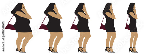 Conceptual fat overweight obese female vs slim fit healthy body after weight loss or diet on white background banner. A  fitness, nutrition or obesity, health shape illustration vector as silhouettes