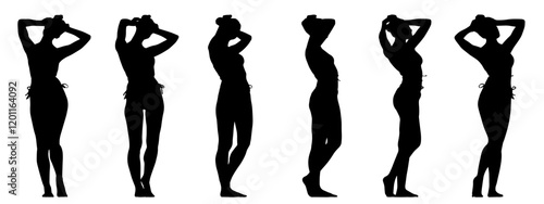 Vector concept conceptual black silhouette of a woman in a bathing suit from different  perspectives isolated on white background.  A metaphor for beauty, seduction, fitness, health and lifestyle
