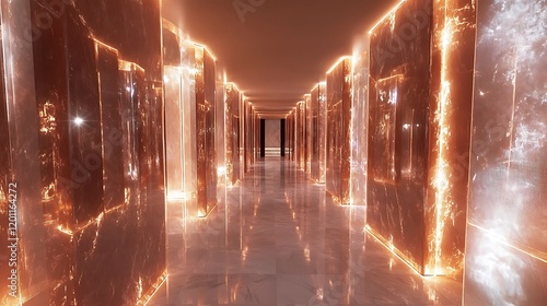 A futuristic corridor lined with transparent crystal panels, creating a visually striking pathway illuminated by ambient light photo