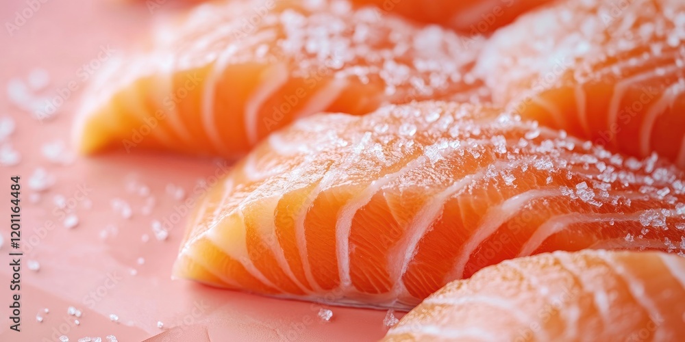 Fresh salmon fillets arranged on a light salmon colored background with a sprinkle of coarse sea salt highlighting their texture and color.