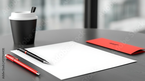 Modern workspace with coffee, pen and paper on dark table