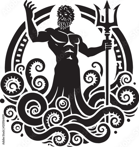 Black Color Greek Mythic Sea God Poseidon Silhouette Vector Illustration, Solid White Background