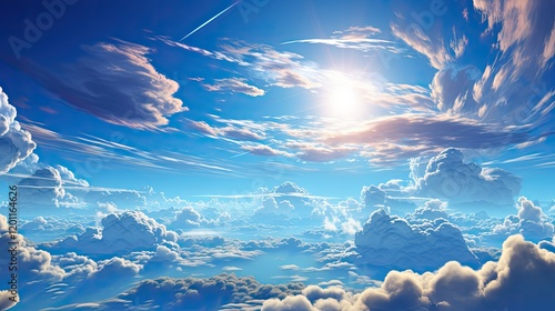 Dramatic cloudscape with bright sunlight piercing through the white clouds in the blue sky