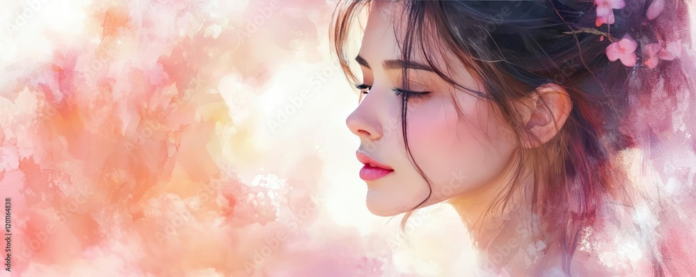Fototapeta premium Candy watercolor concept. A serene portrait of a woman with a dreamy expression and soft floral background.