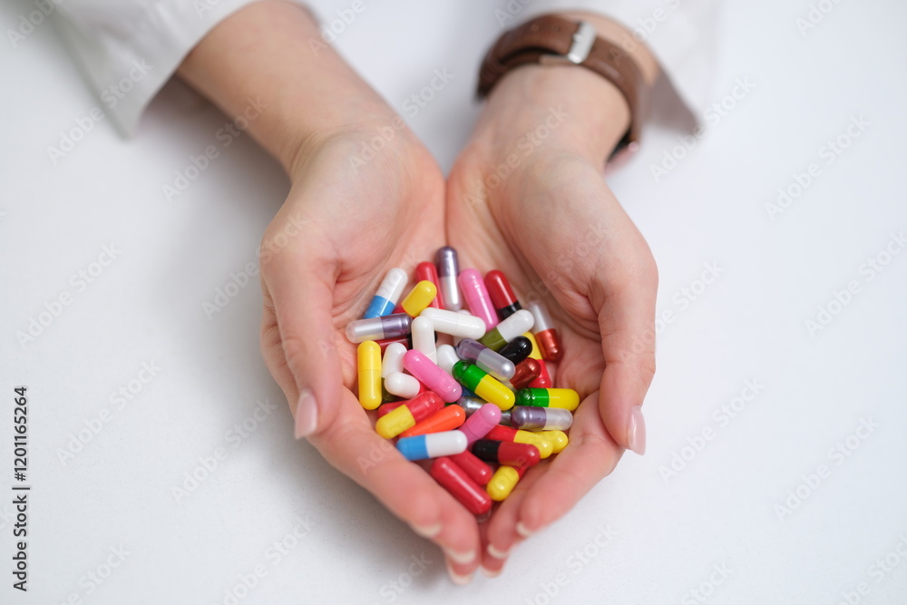 A detailed closeup image of hands holding a vibrant and varied collection of colorful pills and capsules