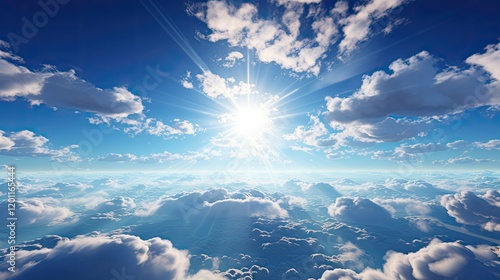 A breathtaking view of a bright sun shining through white clouds in a deep blue sky