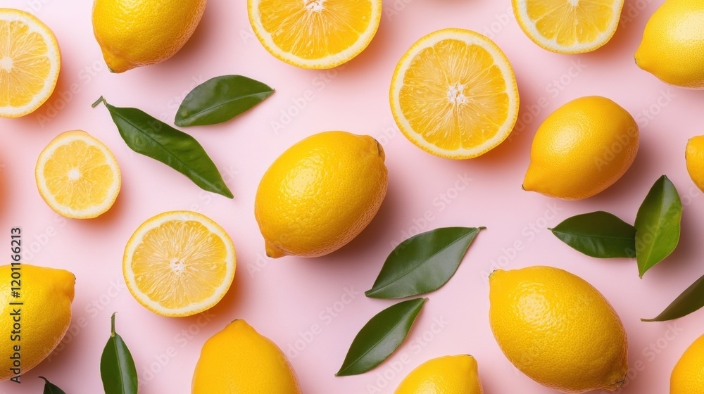 Flat lay of whole and sliced lemons with leaves on pink background.
