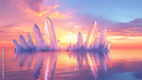 Fototapeta Naklejka Na Ścianę i Meble -  A serene scene with transparent crystal structures rising from a calm body of water under a softly glowing sky