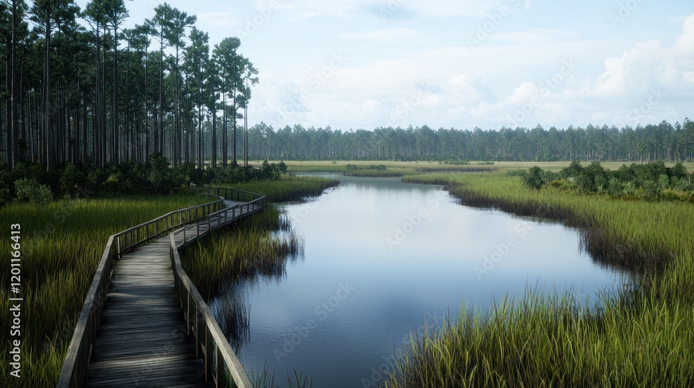 Serene landscape featuring a wooden walkway by a calm river. Serene landscape featuring a wooden walkway by a calm river.