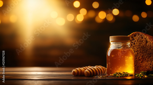 Ethiopian Dabo bread, served with honey and butter in a rustic family kitchen, [African baked goods, soulful tradition] photo