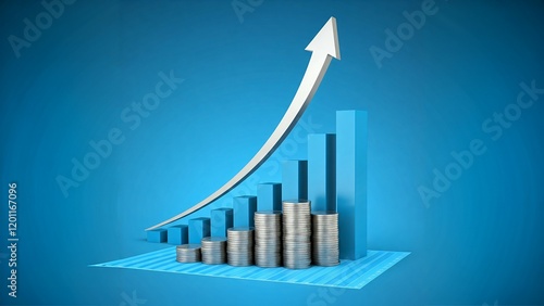 A 3D bar graph with ascending bars and a white upward arrow indicating growth on a blue background.