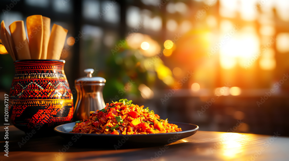 Obraz Ethiopian Firfir shredded injera in spiced sauce, served in a vibrant traditional cafe with cultural decor, [African breakfast treats, soulful warmth]
