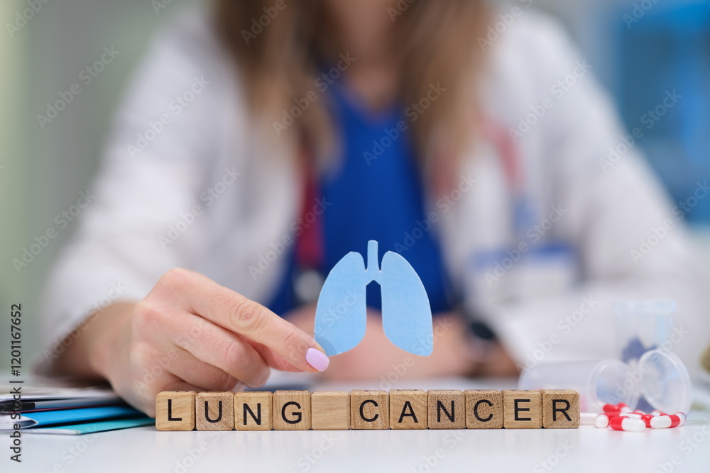 A healthcare professional promotes lung cancer awareness using powerful imagery and colorful blocks