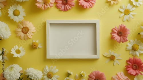 A blank white picture frame with a wooden floral border in the center surrounded by lilies and tulips photo