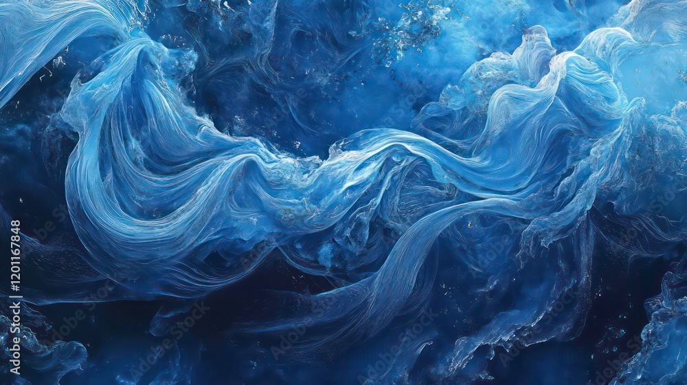 Fototapeta premium Abstract blue swirls and waves, flowing fabric-like texture.