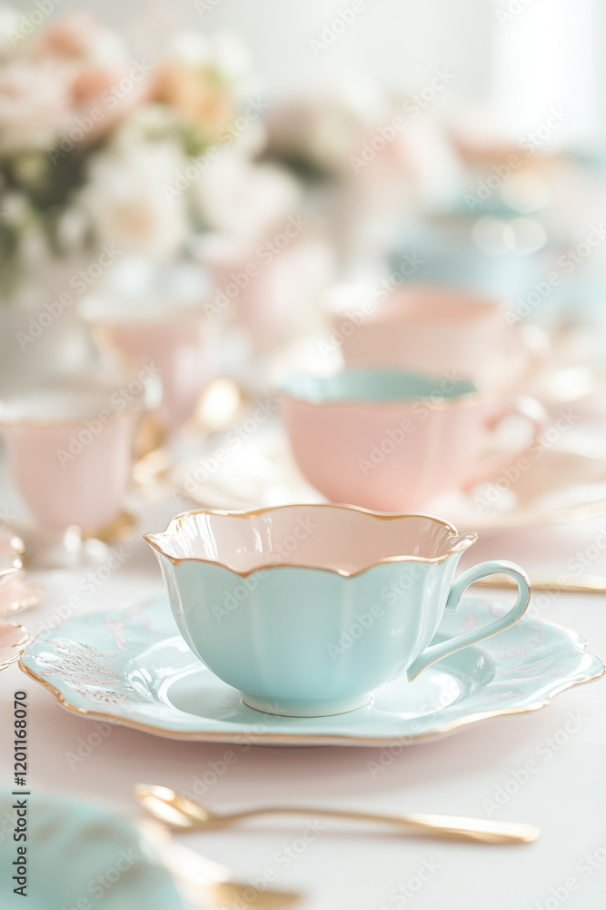 Elegant pastel tea setting featuring delicate blue and pink china with gold accents, creating a serene and sophisticated atmosphere, perfect for an afternoon tea gathering. Elegant pastel tea setting featuring delicate blue and pink china with gold accents, creating a serene and sophisticated atmosphere, perfect for an afternoon tea gathering.